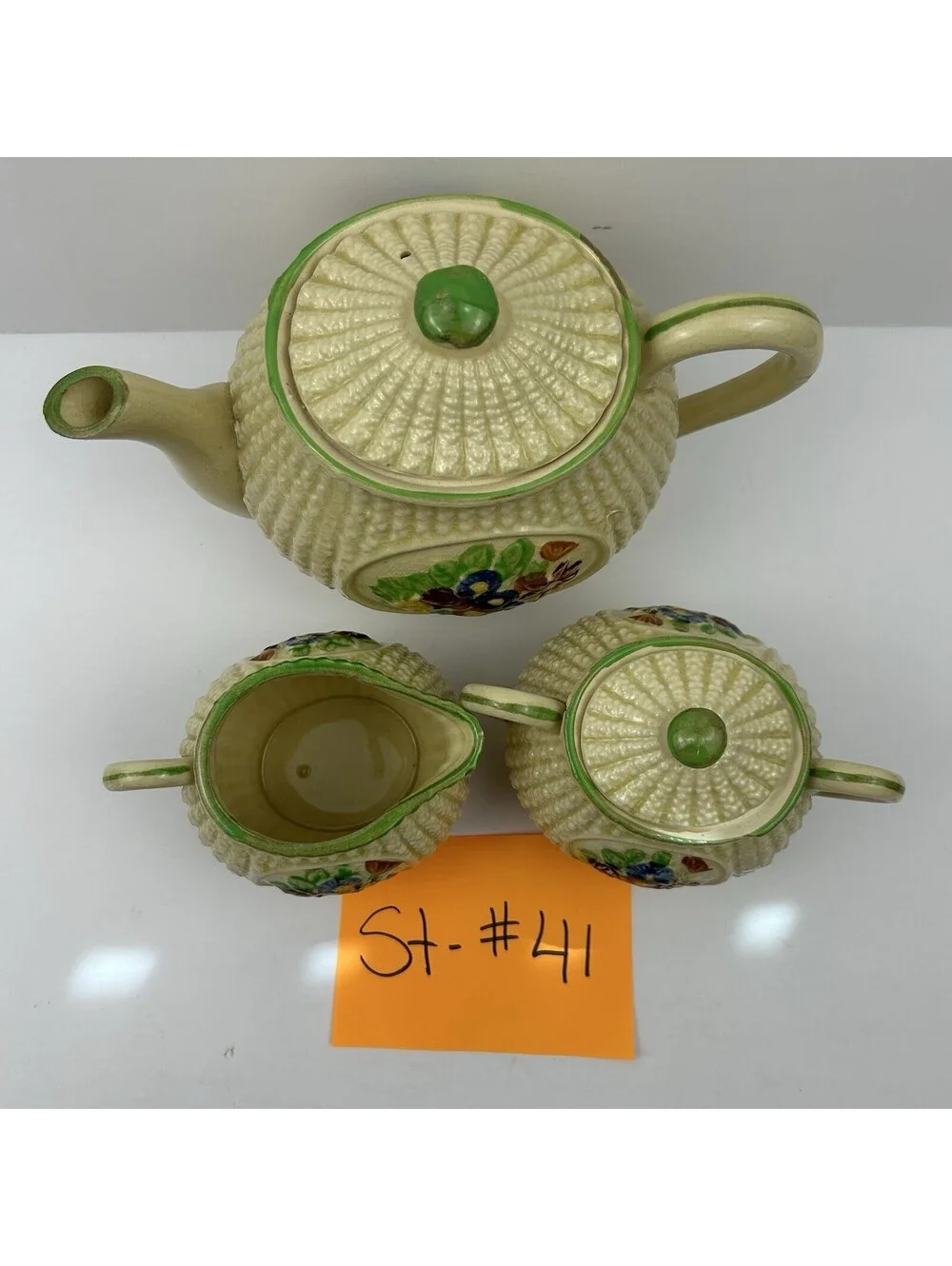 Vintage Made in Japan Hobnail Basketweave Tea Set Teapot Creamer Sugar 3pc ST#41